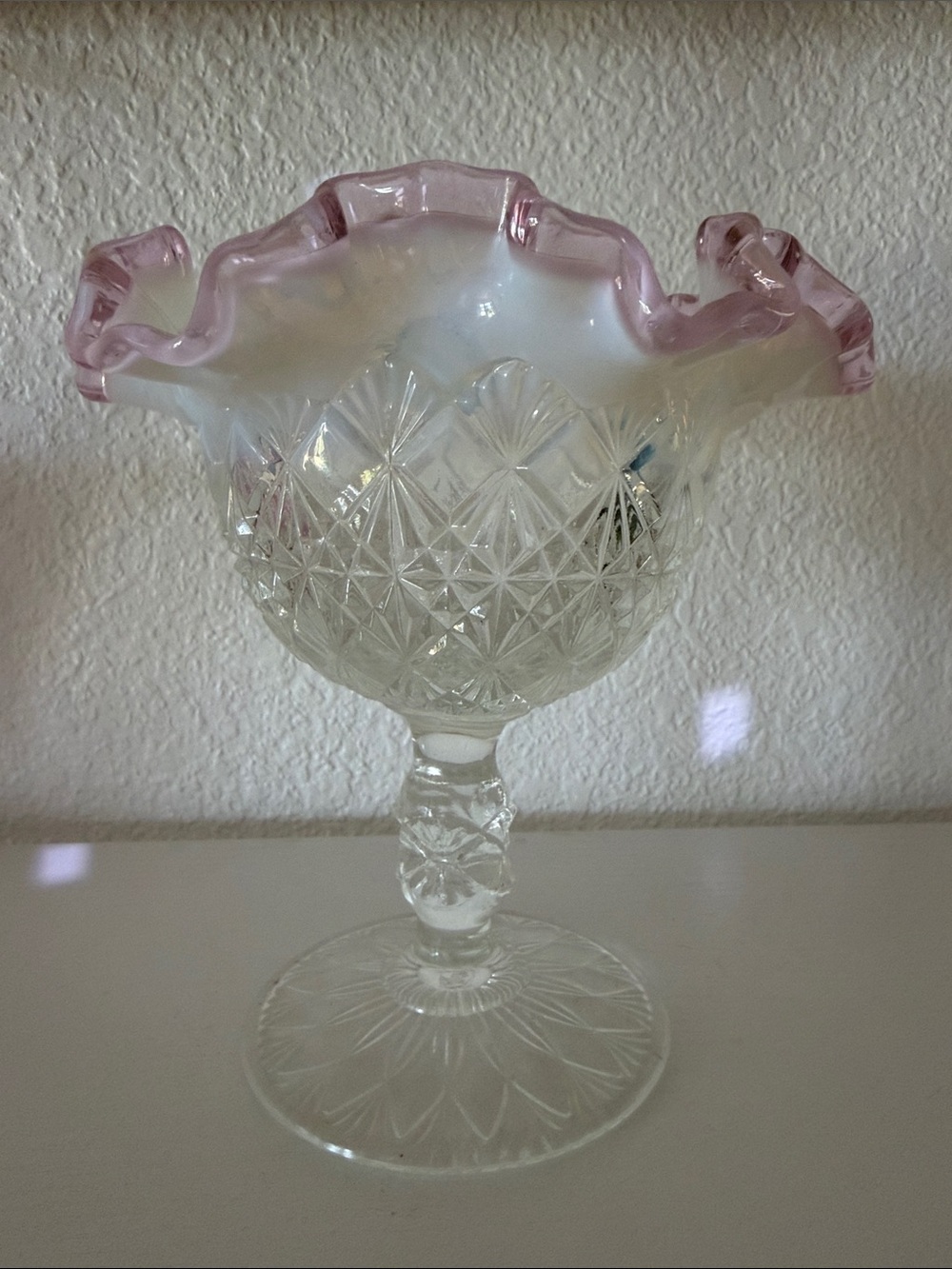 Fenton Hand-Blown Pink Rim Opalescent Glass Compote
